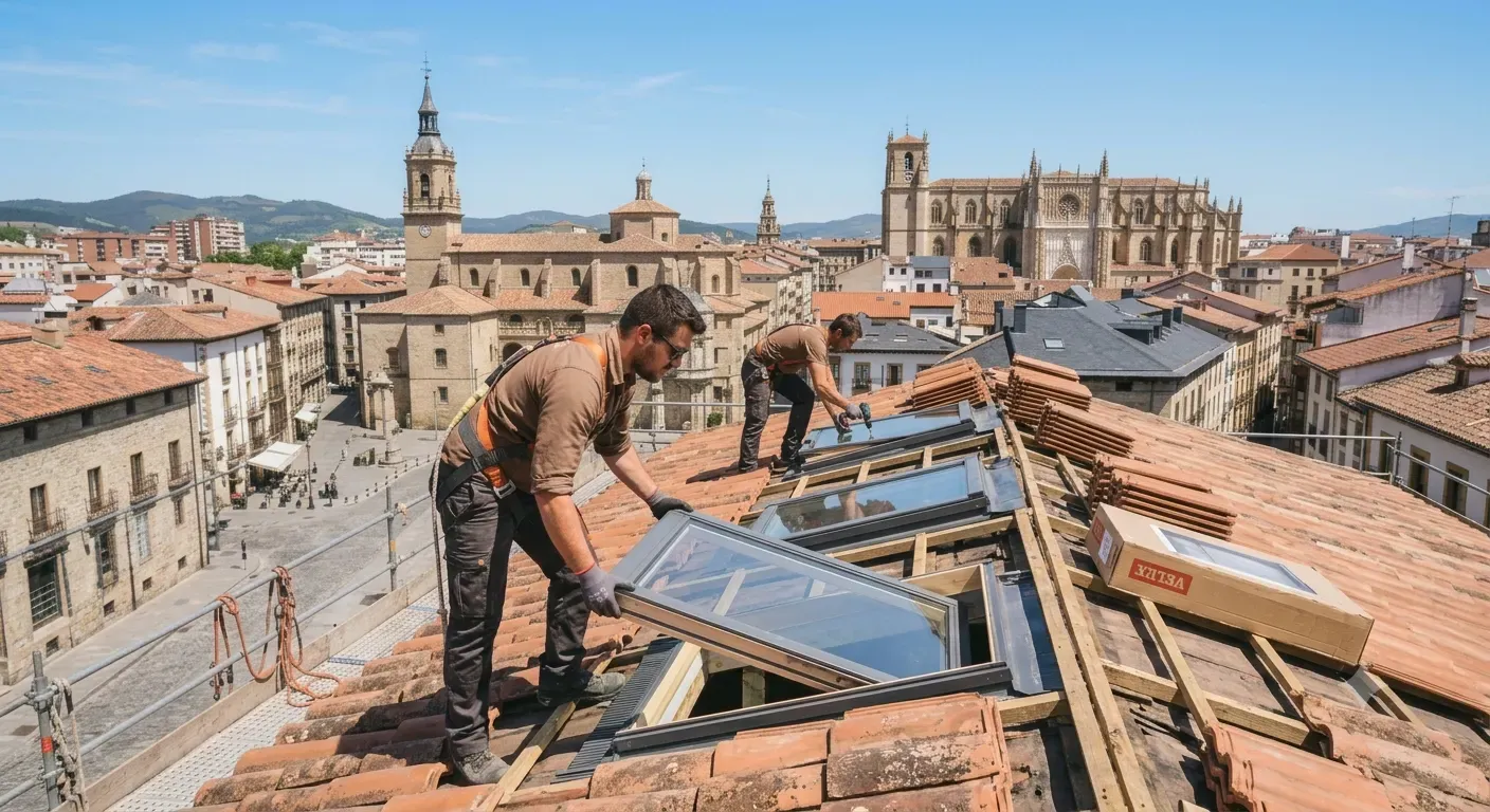 Ventana tipo Velux instalada en una cubierta inclinada