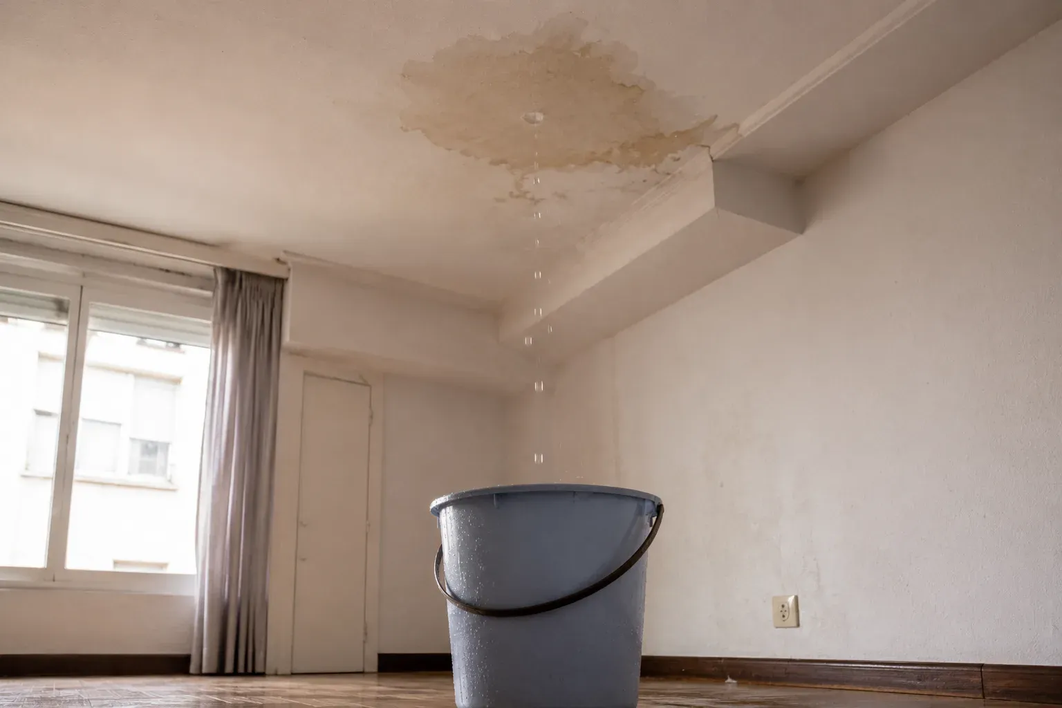 Cubo recogiendo el agua de una gotera activa en el techo de una vivienda