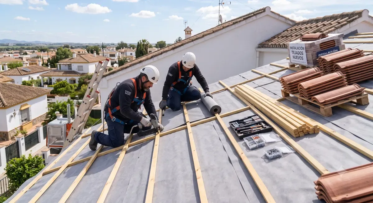 Instalación de tejado nuevo con teja cerámica