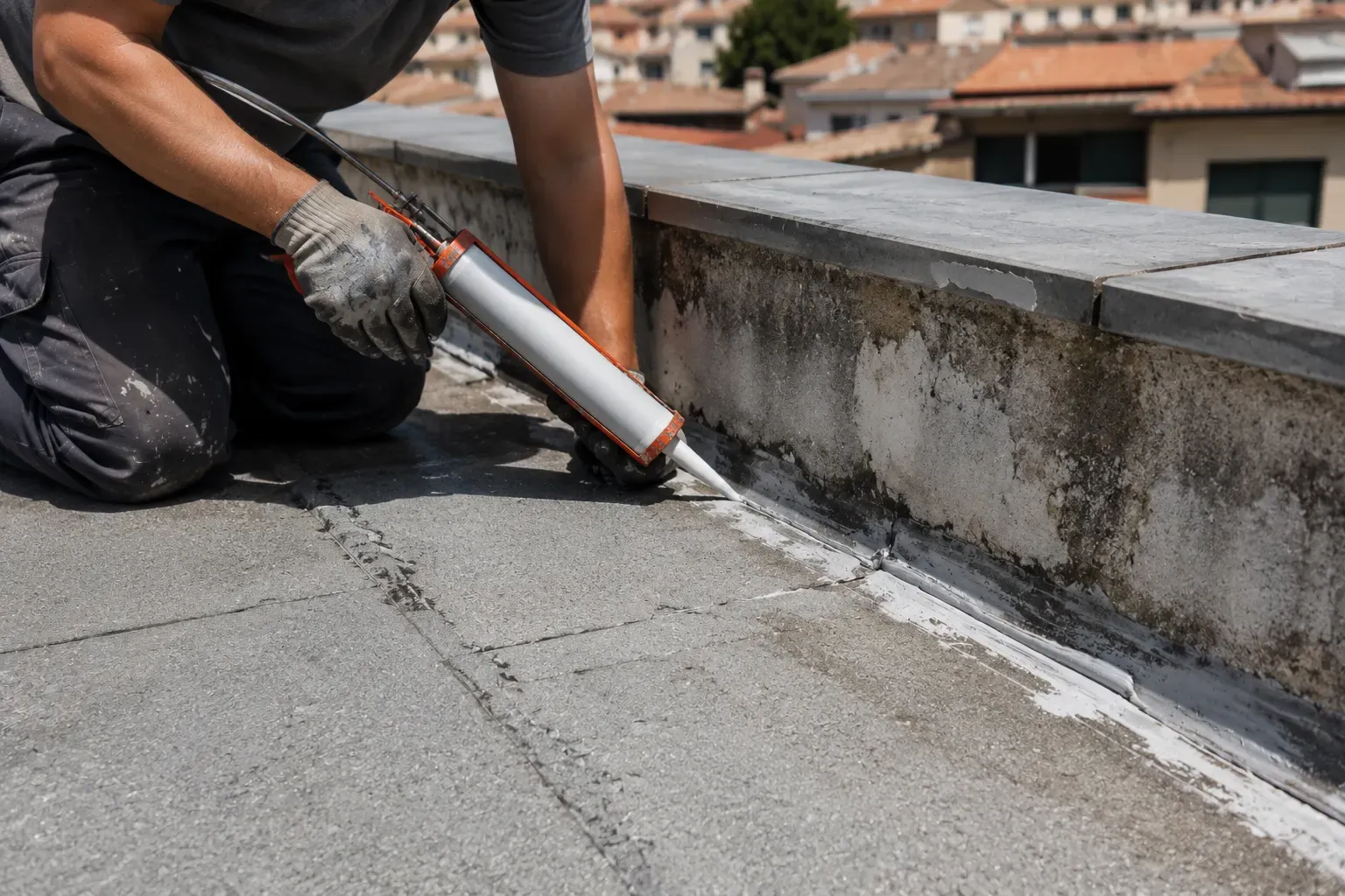 Técnico reparando una gotera en un tejado de teja en Vitoria-Gasteiz